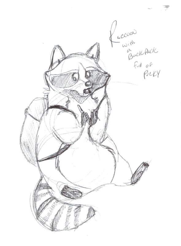 Raccoon with a backpack full of Pocky
