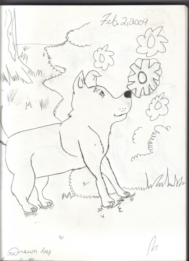 Puppy smelling flowers