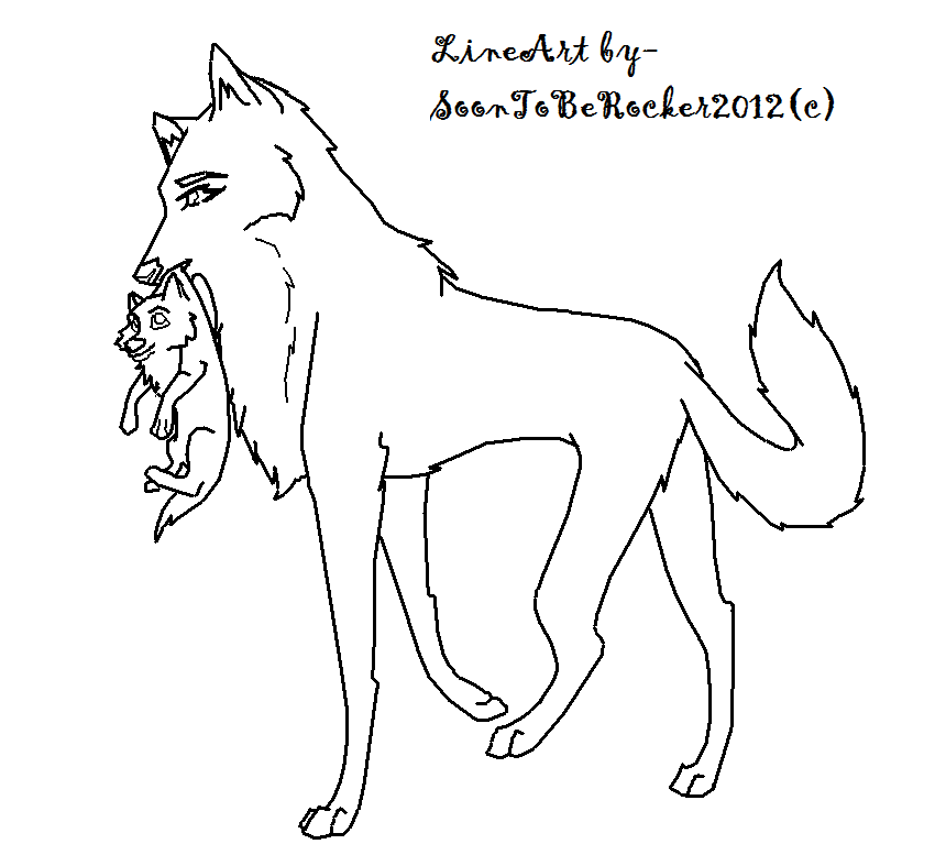 Wolf Traveling While Carrying A Pup LineArt