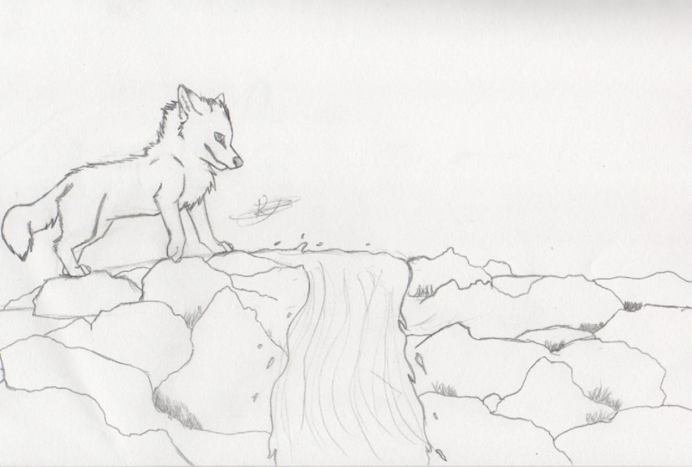 Wolf crossing a waterfall