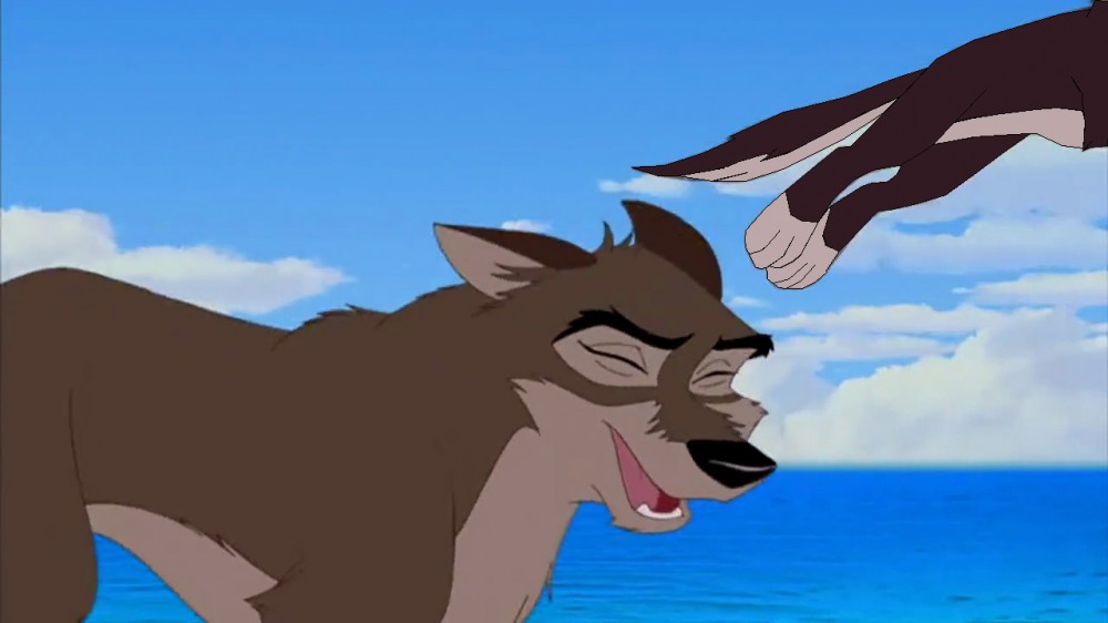 Pup Aleun jumping off Balto's Head