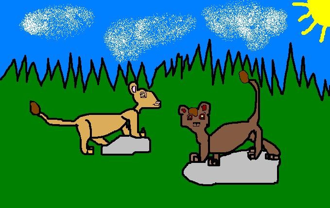 Kiara and Kovu playing on rocks